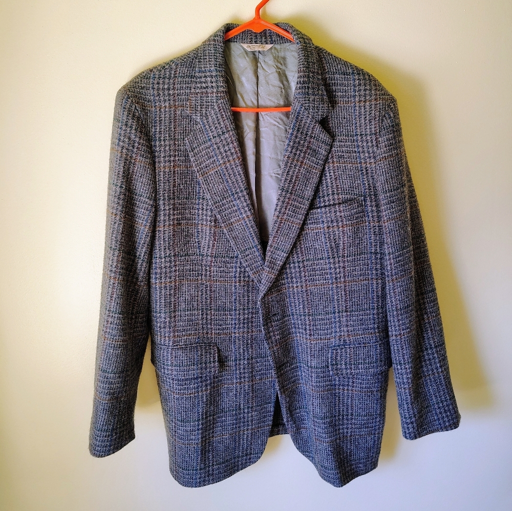 Men's Vintage Thornhill Plaid Blazer Gray Blue Brown Sports Coat 42R